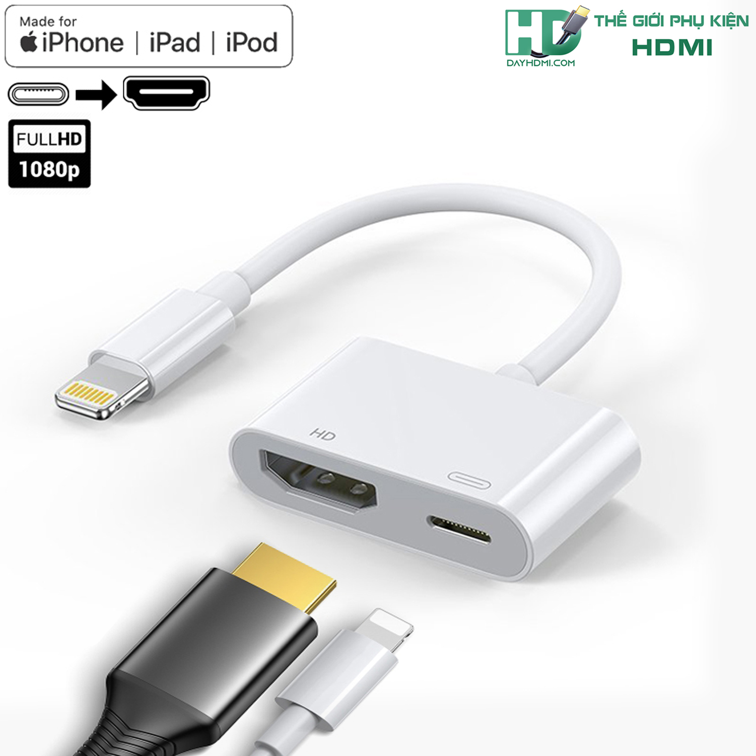 Cáp chuyển Iphone, Ipad sang HDMI hỗ trợ fullHD 1080p